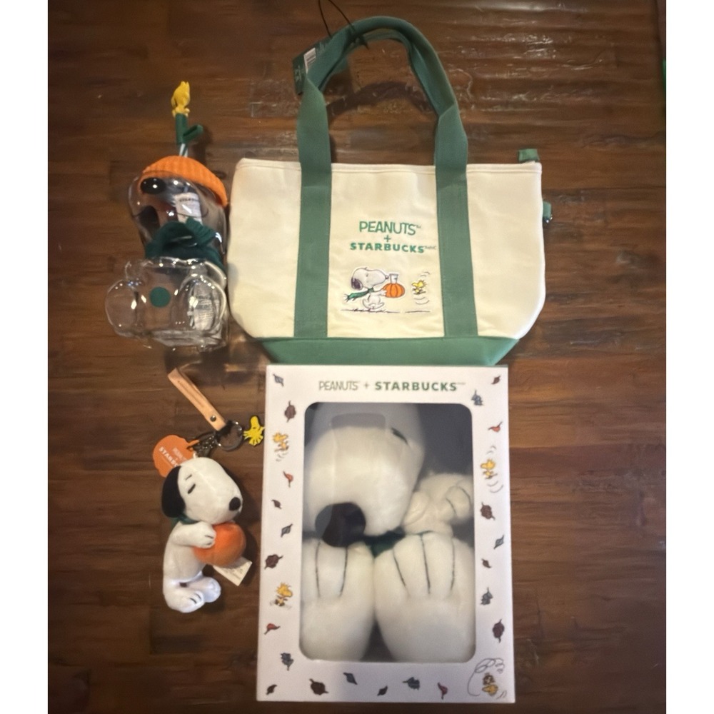 Starbucks x Peanuts Snoopy Great Pumpkin 4pc Lot Glass Cup Plush Tote Bag Charm